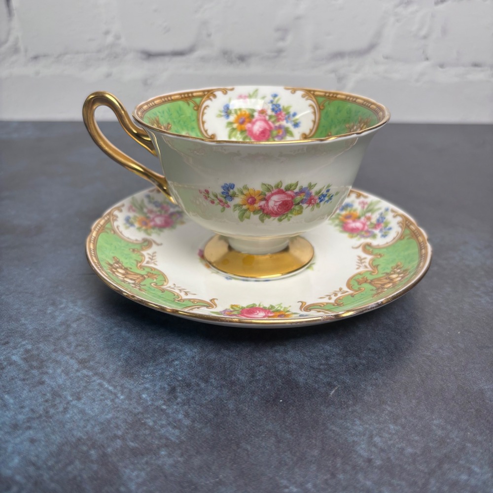 Vintage Shelley Duchess Vibrant Green Floral Pedestal Teacup and Saucer #13405